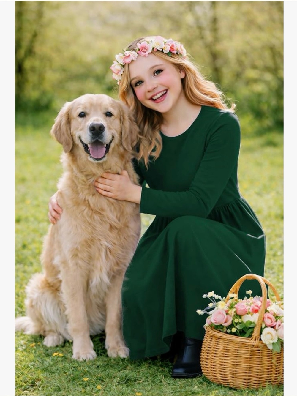 Forest Green Deerose Girls' Long Sleeve Maxi Dress